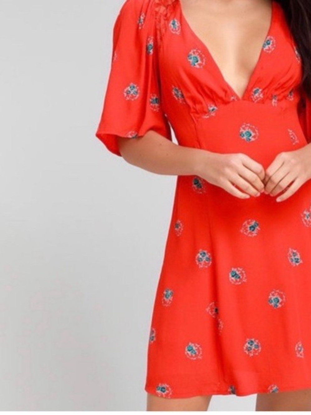 Free People Mockingbird Coral Red Floral Deep V Mini Dress - Size 10 - Picture 2 of 12